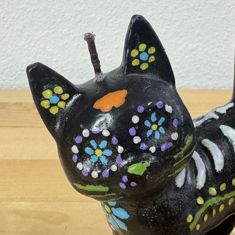 Day of the Dead Black Cat Skeleton Candle Hand Painted Dia de los Muertos Decor